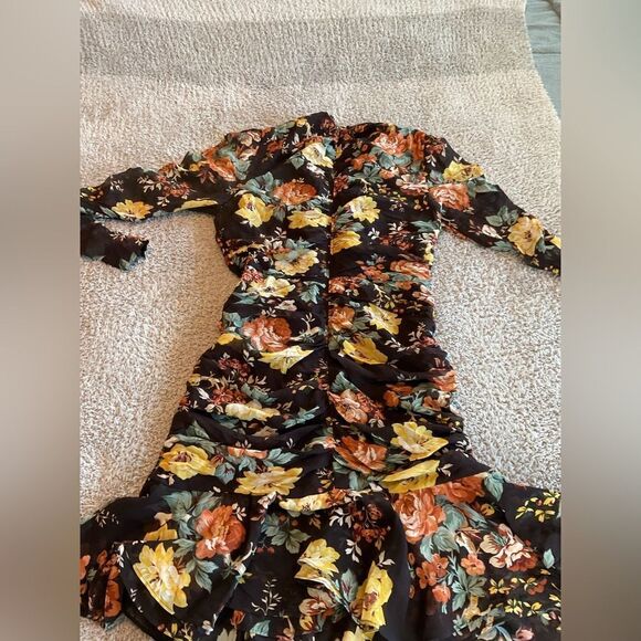 Veronica Beard Hedera Black Floral Print Ruched Long Sleeve Silk Mini Dress Sz 0 - Picture 4 of 9